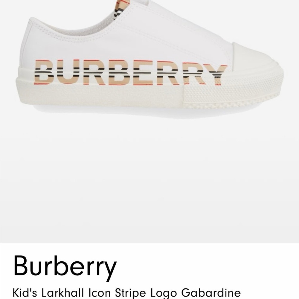 Burberry White Sneakers with Beige, Black and Red Stripe. Runs small.